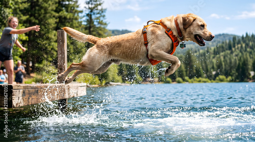 Dog jumps off wooden dock into lake water
