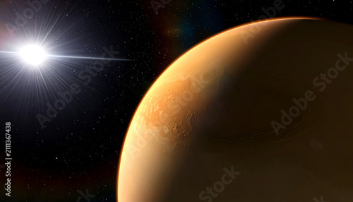Vast Alien Planet Illuminated by Distant Star in Deep Space.