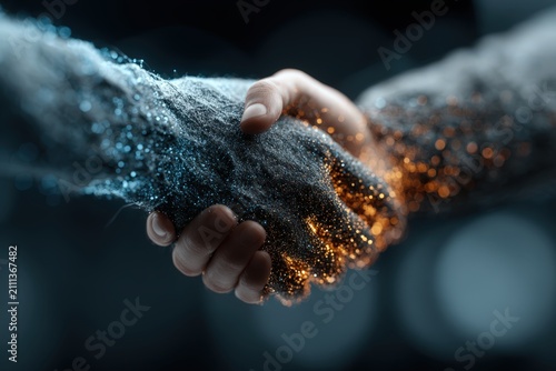 Digital Handshake Merging Glowing Blue And Golden Particles Representing Technology Partnership Connection