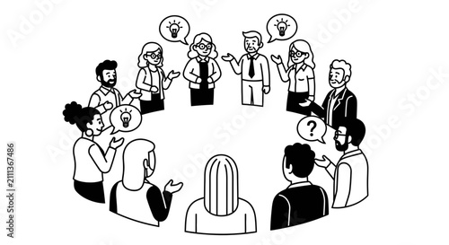 Diverse Group of Professionals Brainstorming Ideas in a Circular Meeting