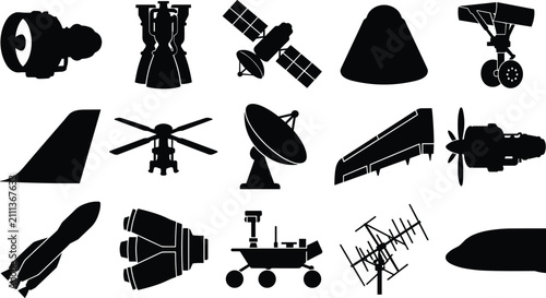Tableau sur toile Aerospace and Space Exploration Silhouettes with Rocket Engine, Satellite, Space