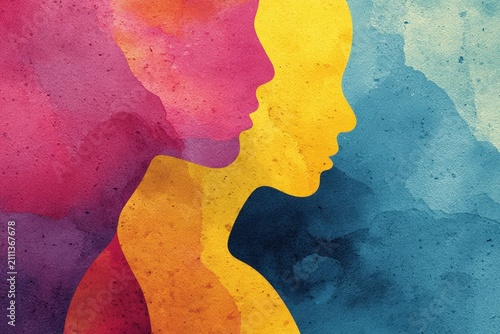 Abstract Watercolor Profile Silhouette Of Two Faces In Vibrant Colors With Textured Paper Background