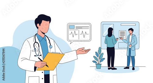 Professional doctor in medical coat holding clinical report clipboard in front of modern cardiac monitor.