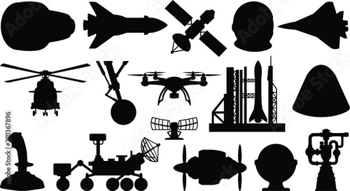 Obraz na płótnie Aerospace and Space Exploration Silhouettes with Rockets, Satellites, Astronauts
