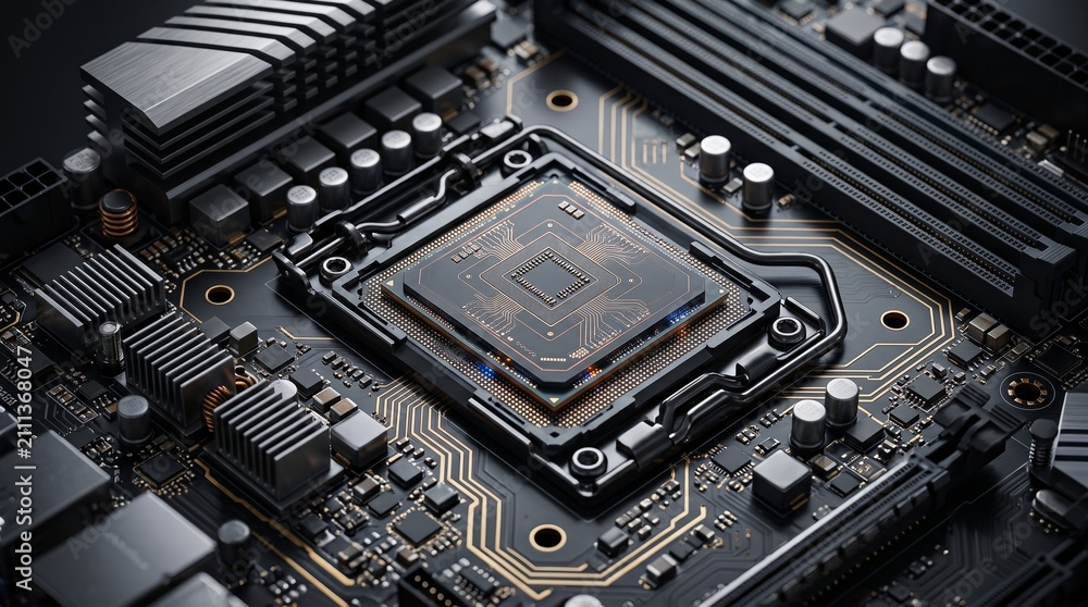 Fototapeta premium Close-up of a high-performance CPU processor on a black motherboard with gold circuit traces, cinematic lighting, representing artificial intelligence and advanced computing power.