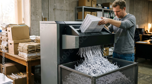 man shredding documents in office with stacks of paper