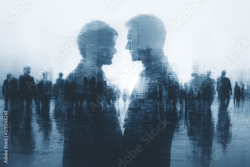 Double Exposure Conceptual Silhouette Of Two Men Facing Each Other In A Busy Urban Cityscape Environment