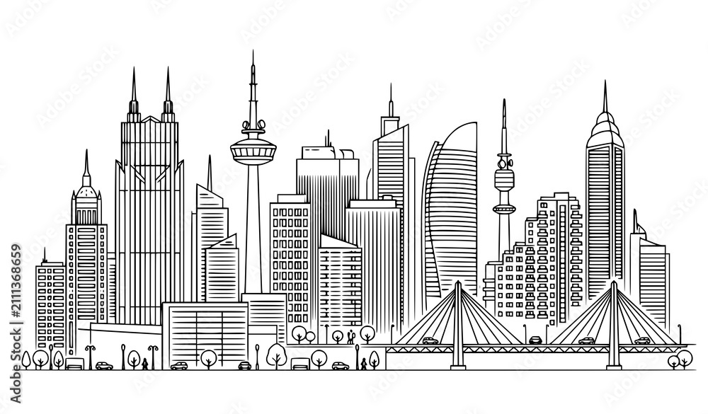 Naklejka premium Minimal Urban City Landscape Panorama Vector with Thin Line Skyscraper Architecture