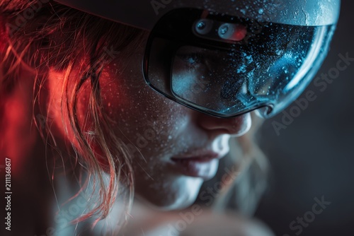 Woman Wearing Futuristic Augmented Reality Visor With Neon Red And Blue Studio Lighting Effects