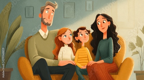Happy Family Portrait Illustration With Parents And Two Children Sitting Together On A Cozy Sofa