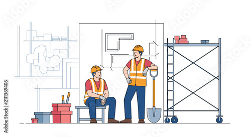 Two professional construction builders in orange safety vests and hard hats discussing a blueprint at a site.