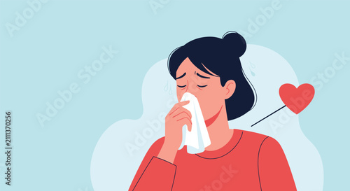 Young sick woman blowing her runny nose with paper tissue suffering from cold, allergy, or seasonal flu symptoms.