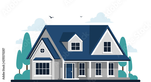 Beautiful suburban house building with blue roof and gray siding surrounded by green pine trees and clouds.