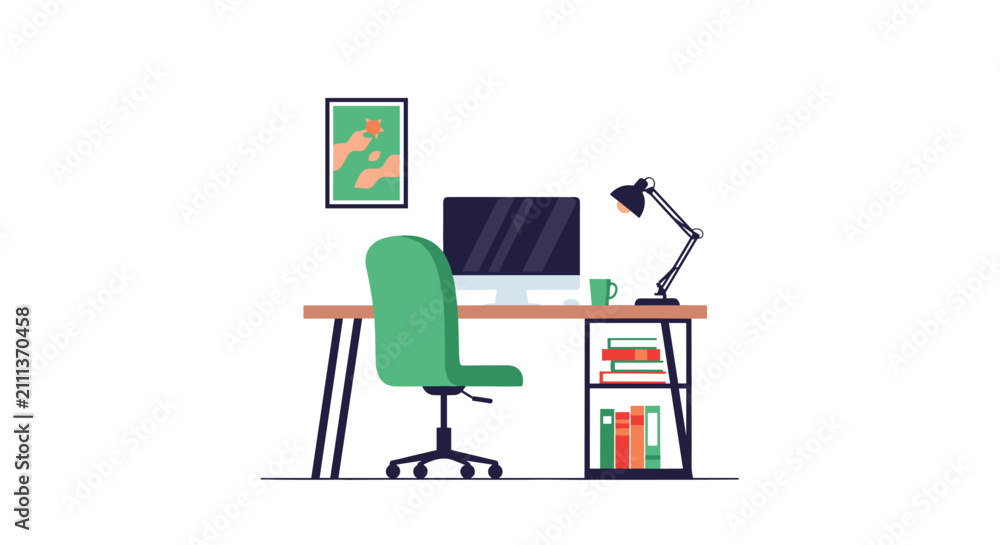 Fototapeta premium Modern stylish home office workspace desk with green chair, computer, book shelf and lamp on white background.