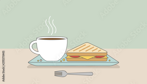 Warm breakfast scene showing a steaming cup of coffee and a grilled sandwich on plate with a fork in front.