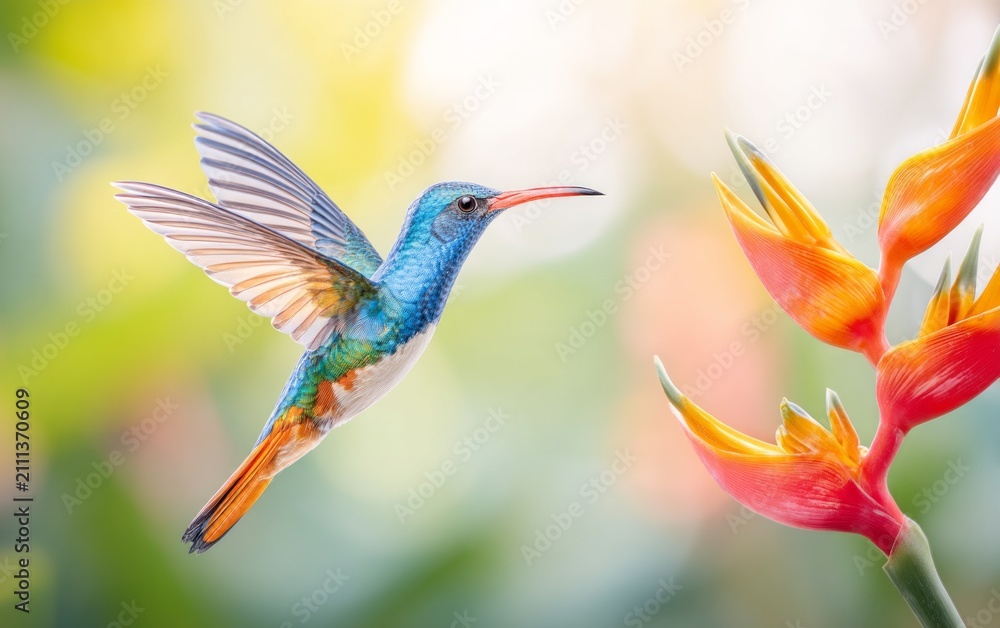 Fototapeta premium Colorful small bird with blue green feathers hovering near bright tropical flower