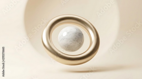 Floating marble sphere inside golden ring on wall.