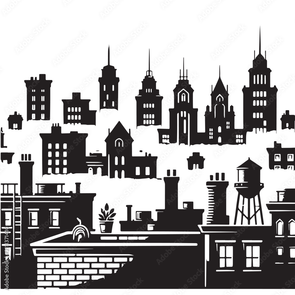Fototapeta premium Black Rooftop city Silhouette Vector, High Quality Illustration on White Background