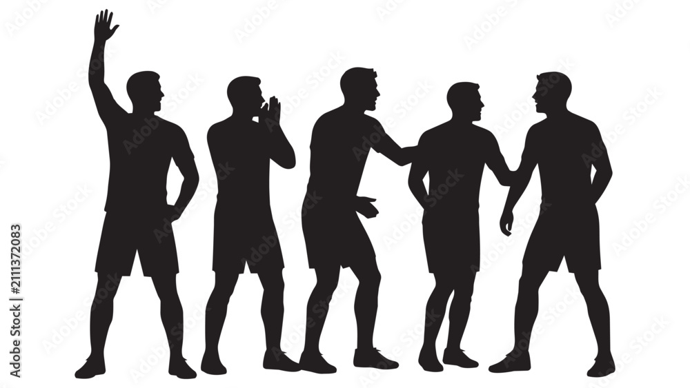 Fototapeta premium Five people arguing or discussing animated silhouette style