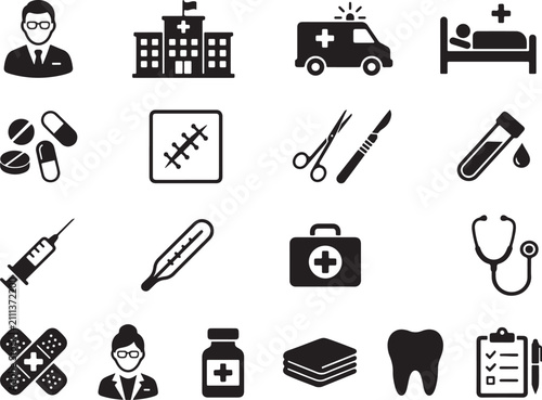 Medical & Healthcare Icons Set – Hospital, Doctor, Medicine, Fitness, Laboratory, Wellness Black Glyph Vector Collection