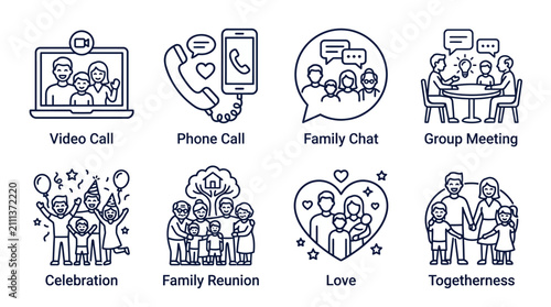 Collection of Line Art Icons Illustrating Family Communication Connection and Various Social Gatherings and Events