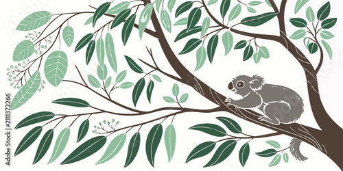 Cute possum sitting on eucalyptus tree branch illustration with eucalyptus