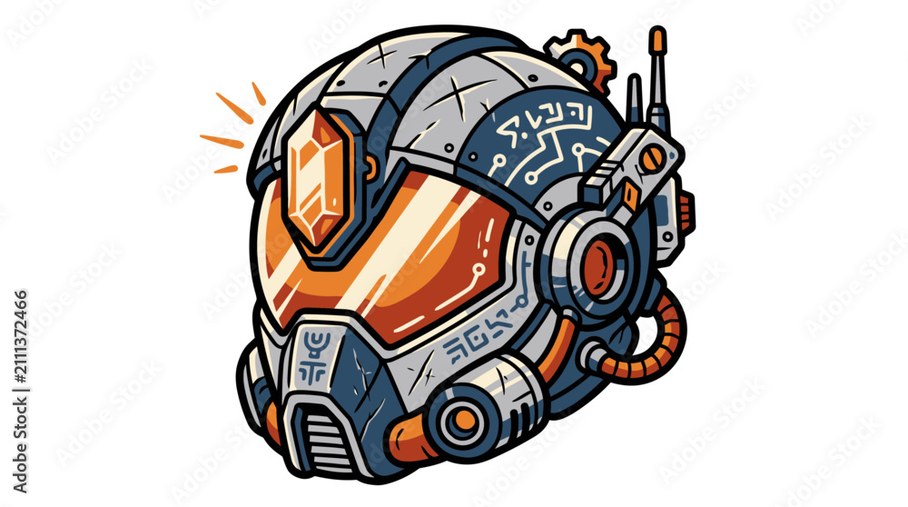 Fototapeta premium Futuristic Sci-Fi Space Helmet with Orange Visor and Tech Details.