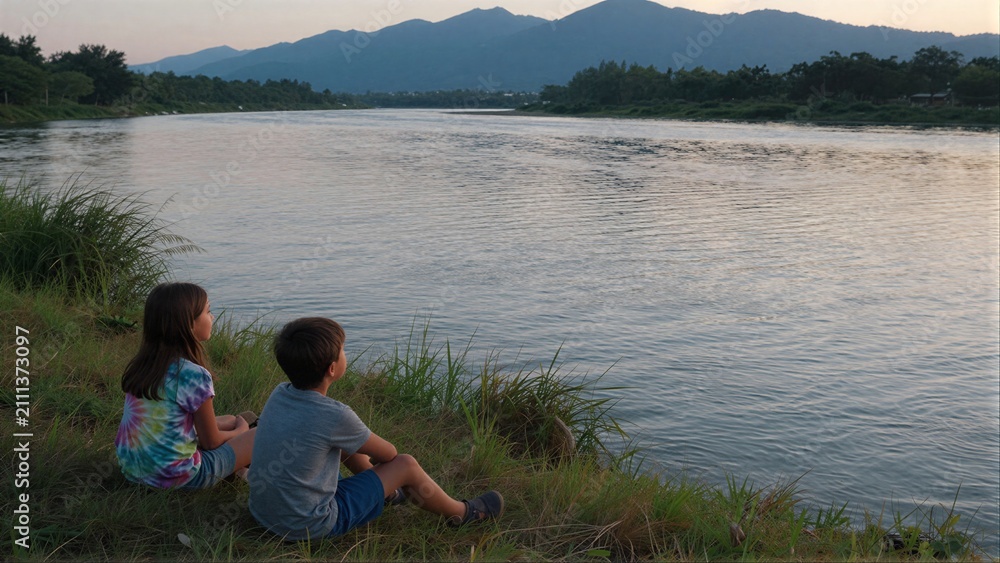Fototapeta premium Two children sit by a river, gazing at distant mountains under soft sunset light.