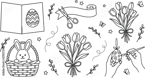 Cuadro en lienzo Easter Holiday and Spring Craft Line Art Vector Set with Bunny in Basket, Tulip