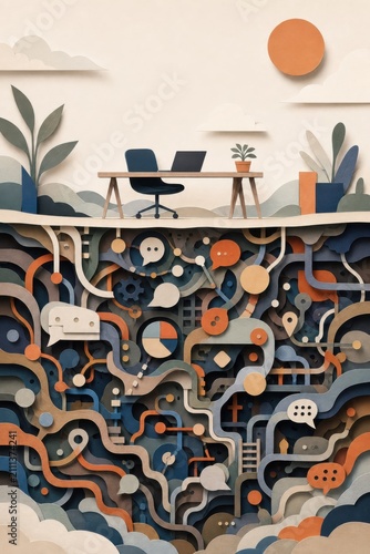 Conceptual illustration representing invisible workload challenges in modern organizations desk technology communication elements