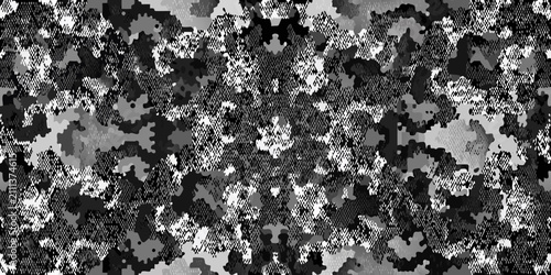 Cuadro en lienzo Grayscale camouflage pattern with halftone dots a repeating geometric design for