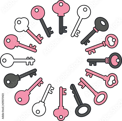 Circle of colorful vintage keys in a round pattern isolated on white background, illustration