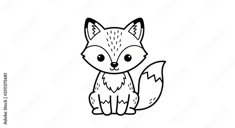 Fototapeta premium Cute Fox Coloring Page for Kids - Simple Black and White Line Art Illustration of a Sitting Baby Fox