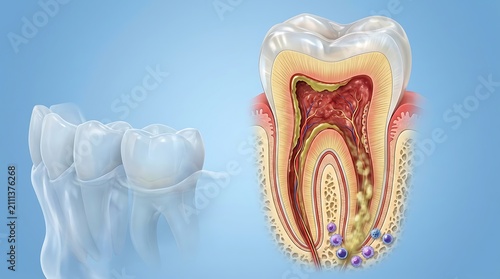 Tooth anatomy cross section displays the internal structure of a molar with periodontal disease and inflammation affecting the root and surrounding gum tissue on a soft blue background.