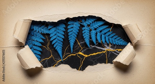 Blue ferns visible through torn tan paper window.