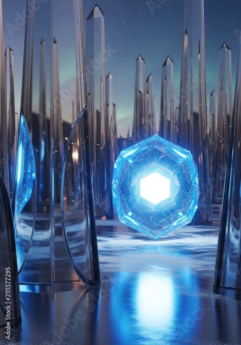Blue glowing energy orb surrounded by tall crystals
