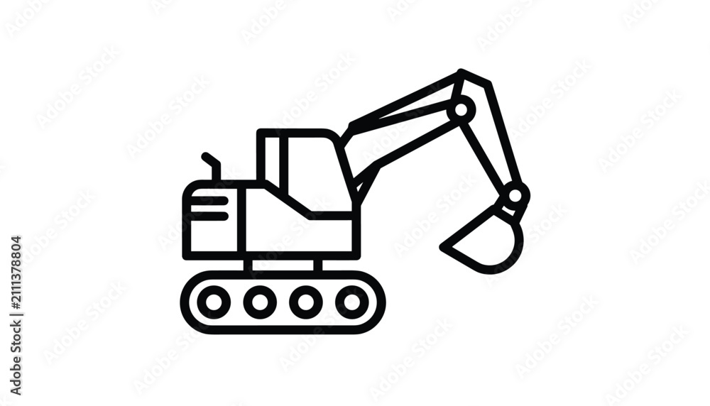 Naklejka premium Minimalist black line icon of a heavy construction excavator machine on tracks isolated on a white background.