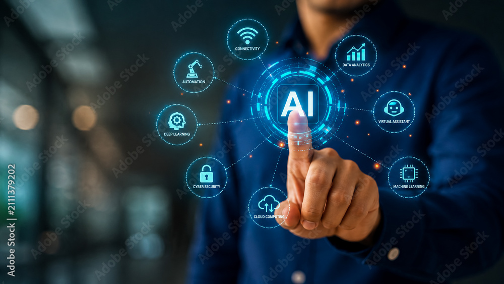 Fototapeta premium Person touching artificial intelligence holographic icon with futuristic technology network.