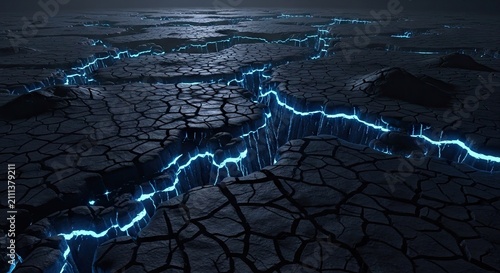 Blue neon light glowing through cracked desert earth at night.