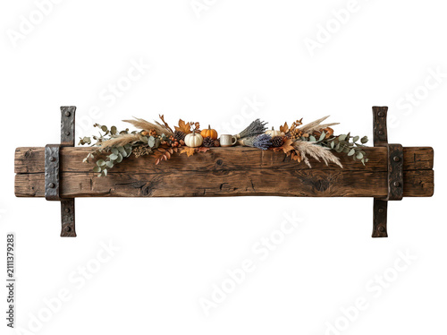 Wooden shelf decorated with autumn pumpkins and leaves isolated on transparent background. Fall decor concept.
