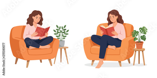 Young woman reading a book in cozy armchair flat vector illustration set