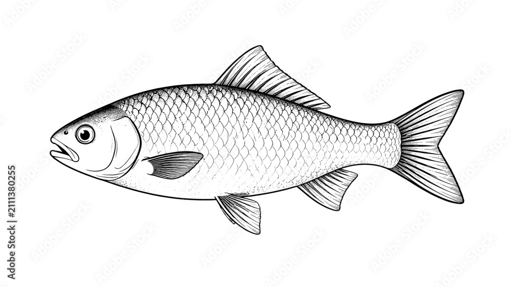 Fototapeta premium Black and white fish line drawing isolated on white
