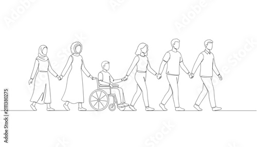Continuous line drawing of a diverse group of people, including a person in a wheelchair, walking while holding hands.