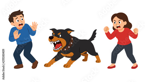 Fotografie Aggressive dog between frightened man and angry woman cartoon