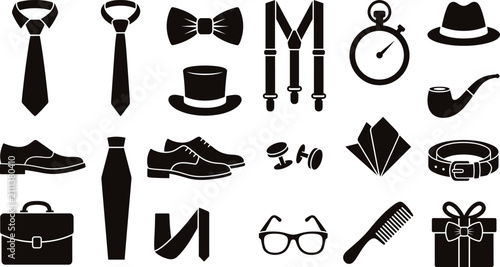 Collection of men’s fashion accessory silhouettes including ties, hats, shoes, and grooming items for stylish design and commercial use