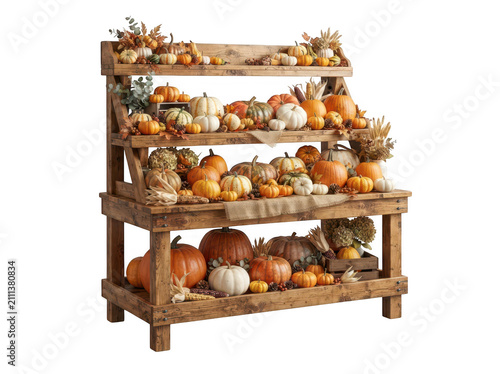 Wooden display shelves filled with pumpkins isolated on transparent background. Autumn harvest concept.