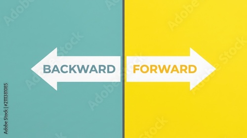 Conceptual image showing backward and forward directions with arrows on teal and yellow background