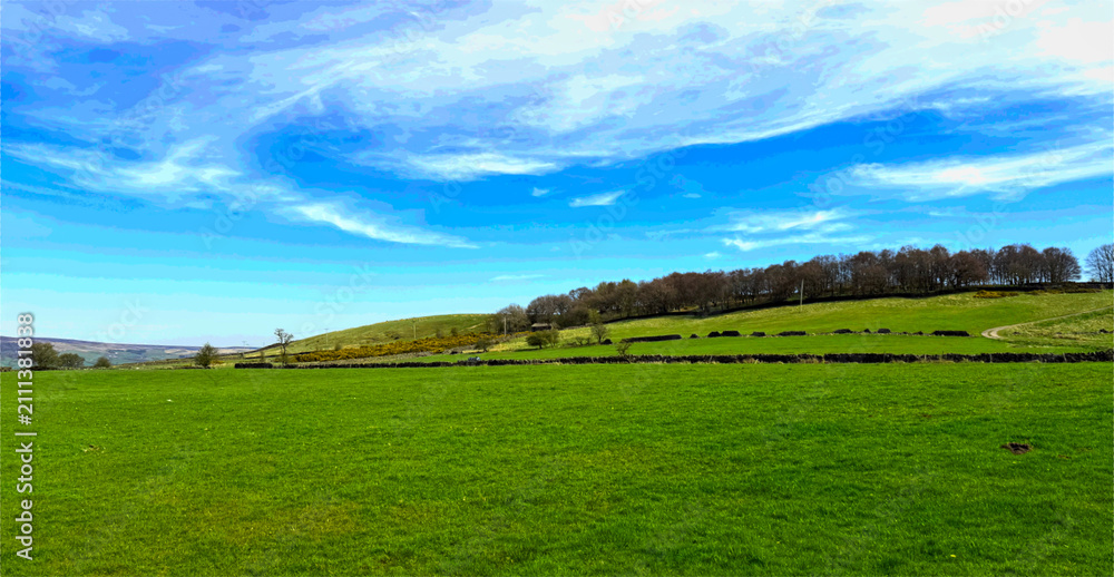 Obraz premium A picturesque landscape unfolds with lush green fields beneath a vibrant blue sky, where rolling hills and scattered trees add to the serene, open beauty of Cringles Lane in Silsden, UK.