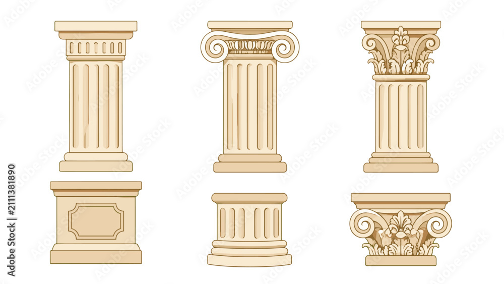 Fototapeta premium Set of classical architectural columns and decorative capitals