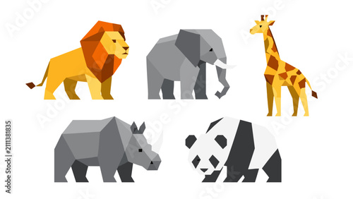 Photography Low poly safari animal set with lion elephant giraffe rhino and panda